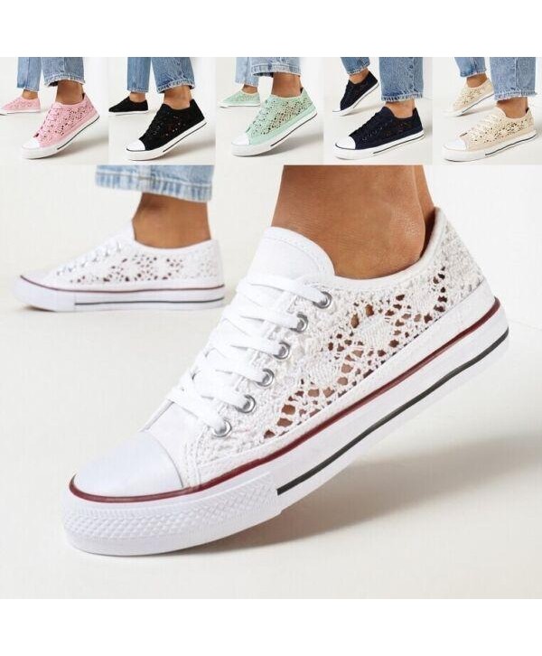 Womans Ladies Trainers Canvas Sneakers Pumps Plimsolls Summer Lace Up Size