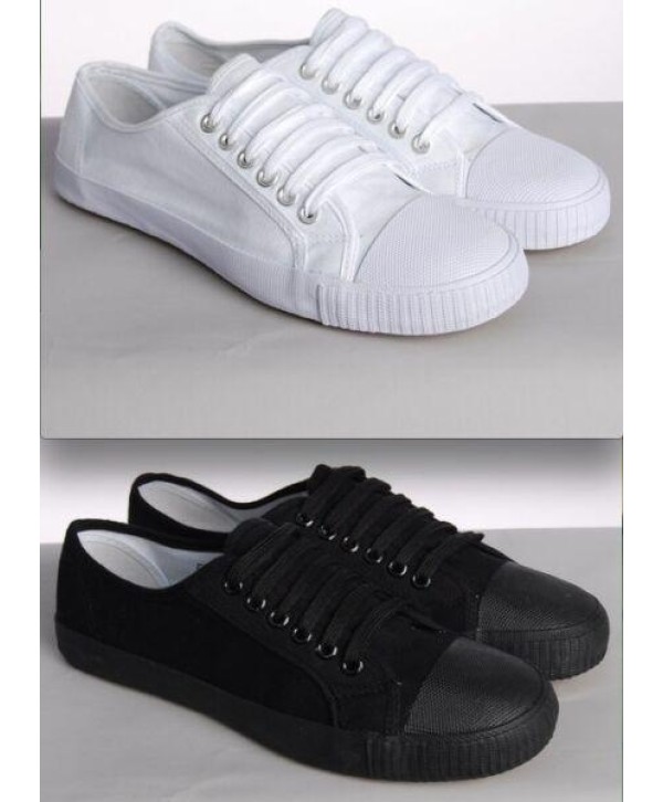 WHITE OR BLACK LACE UP CANVAS PLIMSOLES MENS WOMENS PLIMSOLLS PUMPS BRAND NEW 