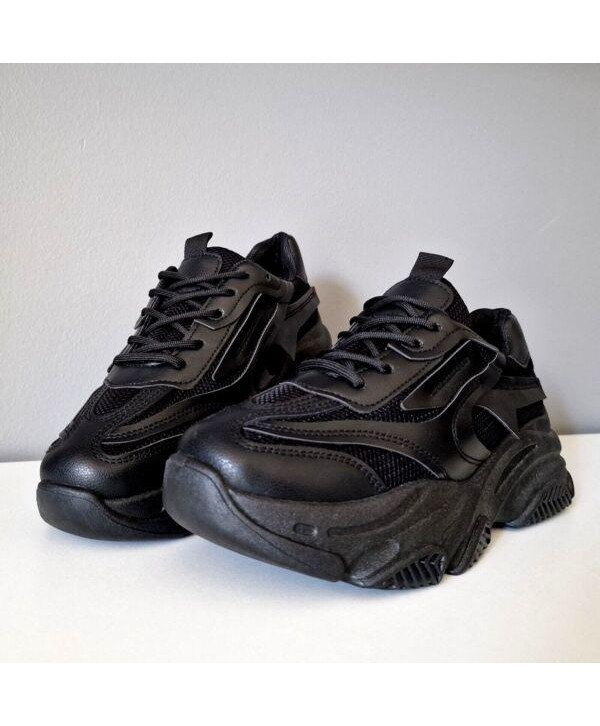 Womens Black Casual Trainers Sports Sneakers Lace Up Platform Ladies Comfy Shoes