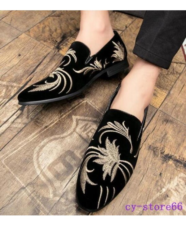 Men‘S Velvet Loafers Oxfords Dress Casual Shoes Ethnic Slip-On Embroidered Flats