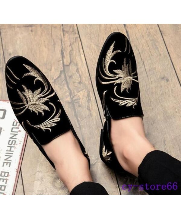 Men‘S Velvet Loafers Oxfords Dress Casual Shoes Ethnic Slip-On Embroidered Flats