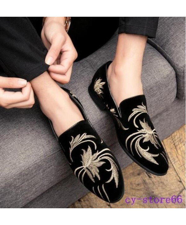 Men‘S Velvet Loafers Oxfords Dress Casual Shoes Ethnic Slip-On Embroidered Flats