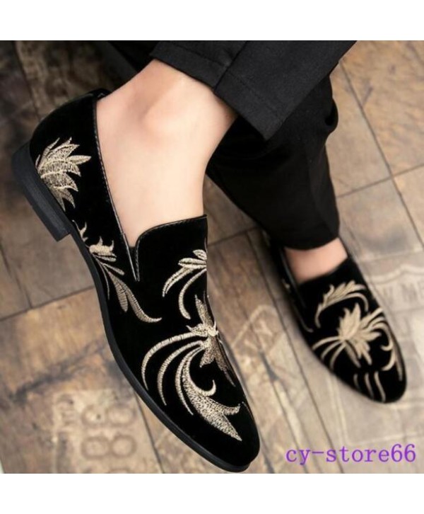 Men‘S Velvet Loafers Oxfords Dress Casual Shoes Ethnic Slip-On Embroidered Flats