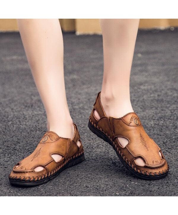 Men's Flat Faux Leather Round Toe Openwork Breathable Casual Outdoor Sandals