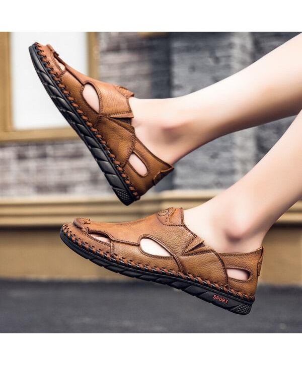 Men's Flat Faux Leather Round Toe Openwork Breathable Casual Outdoor Sandals