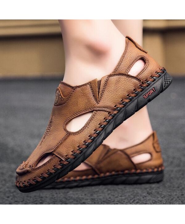 Men's Flat Faux Leather Round Toe Openwork Breathable Casual Outdoor Sandals