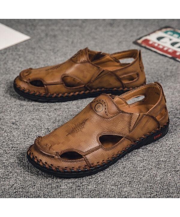 Men's Flat Faux Leather Round Toe Openwork Breathable Casual Outdoor Sandals