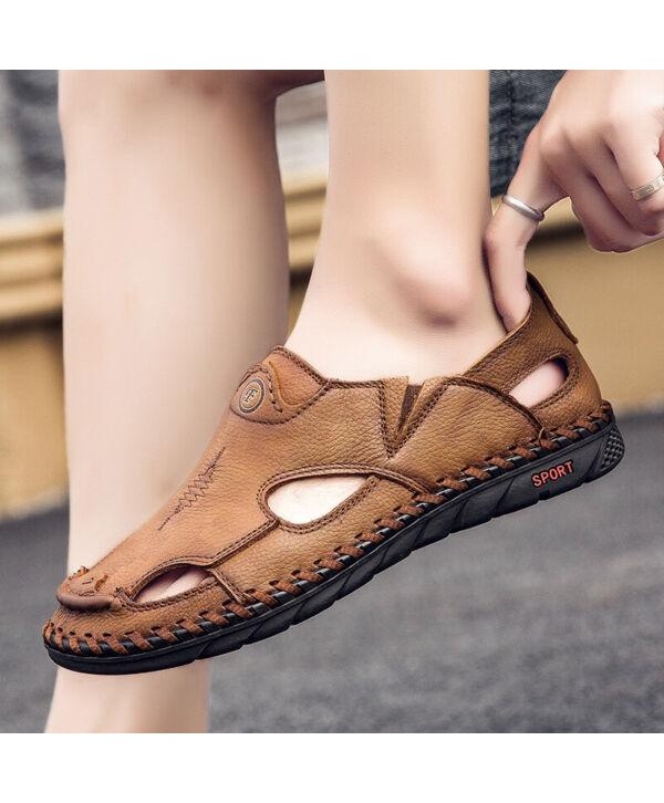 Men's Flat Faux Leather Round Toe Openwork Breathable Casual Outdoor Sandals