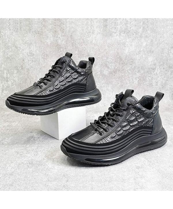 Mens Lace Up Cowhide Crocodile Print Sneakers Soft Leather Comfortable Shoes