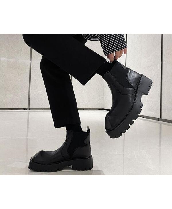 Mens Fashion British Square Toe Slip On Leather Shoes Youth Casual Chelsea boots
