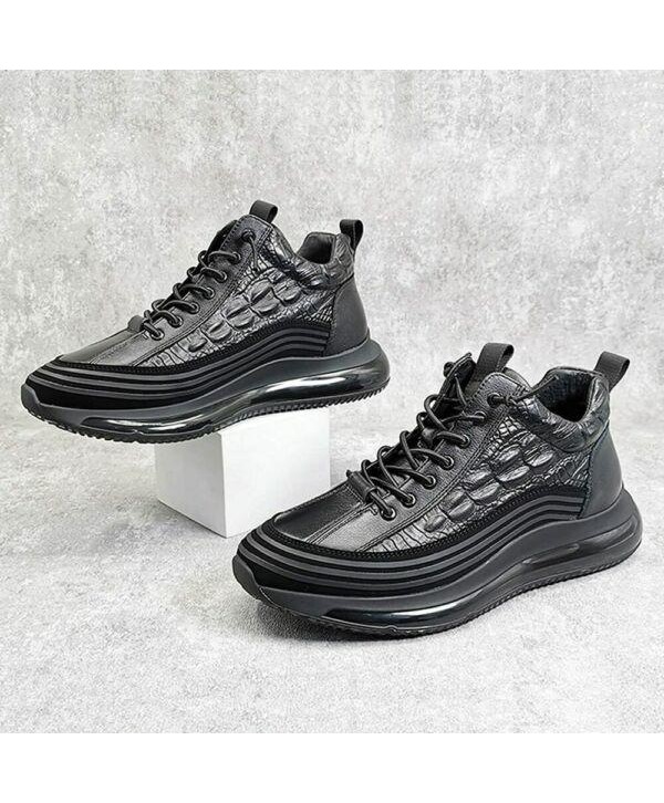 Mens Lace Up Cowhide Crocodile Print Sneakers Soft Leather Comfortable Shoes