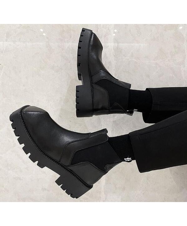 Mens Fashion British Square Toe Slip On Leather Shoes Youth Casual Chelsea boots