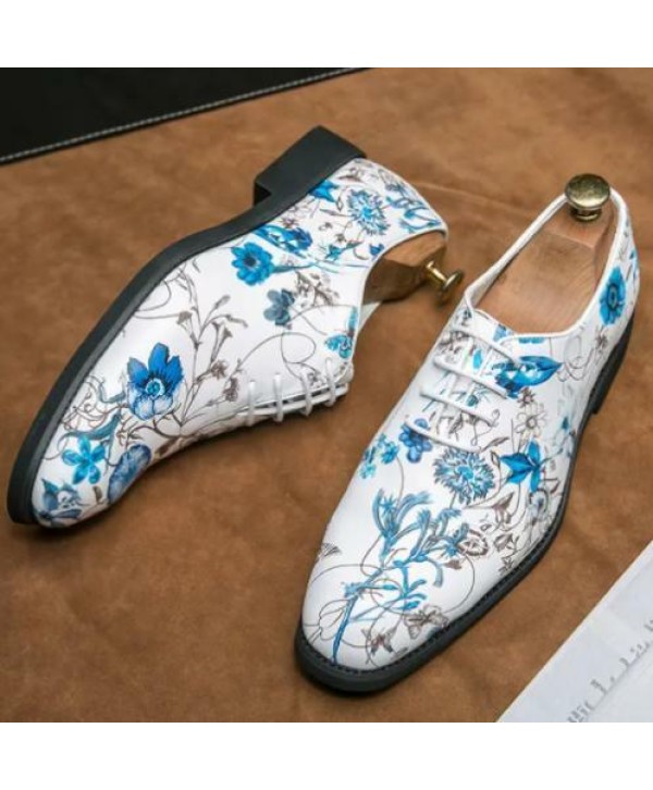 Mens Faux Leather Lace Up Floral Printed Shoes Casual Round Toe Formal Oxfords 