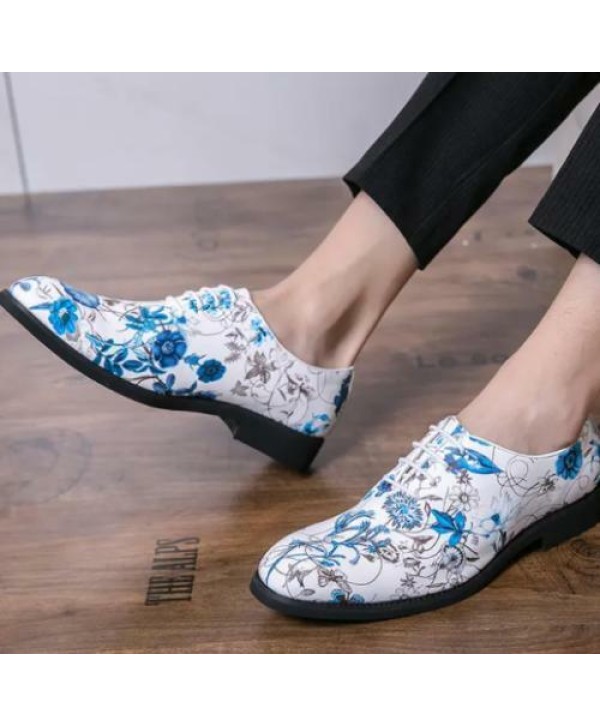 Mens Faux Leather Lace Up Floral Printed Shoes Casual Round Toe Formal Oxfords 