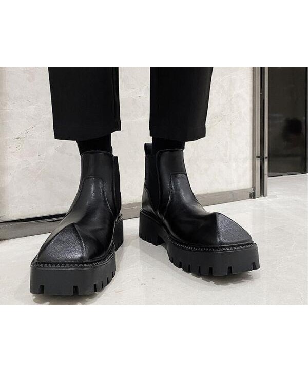 Mens Fashion British Square Toe Slip On Leather Shoes Youth Casual Chelsea boots