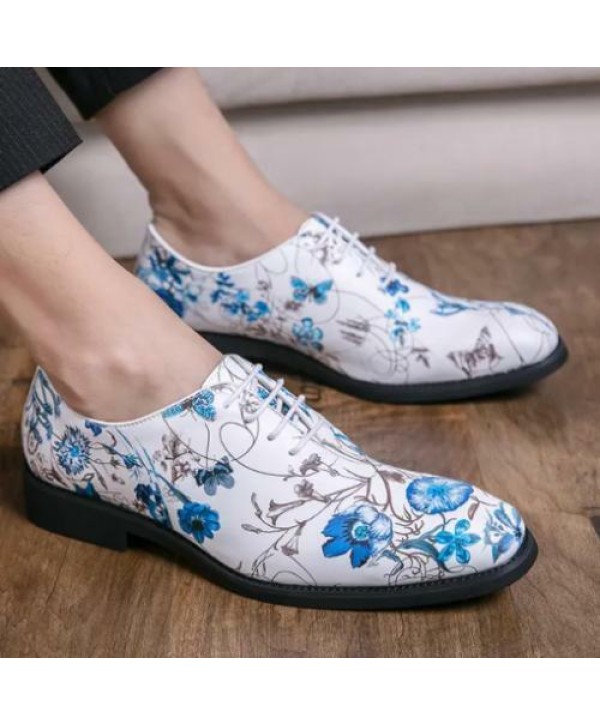 Mens Faux Leather Lace Up Floral Printed Shoes Casual Round Toe Formal Oxfords 