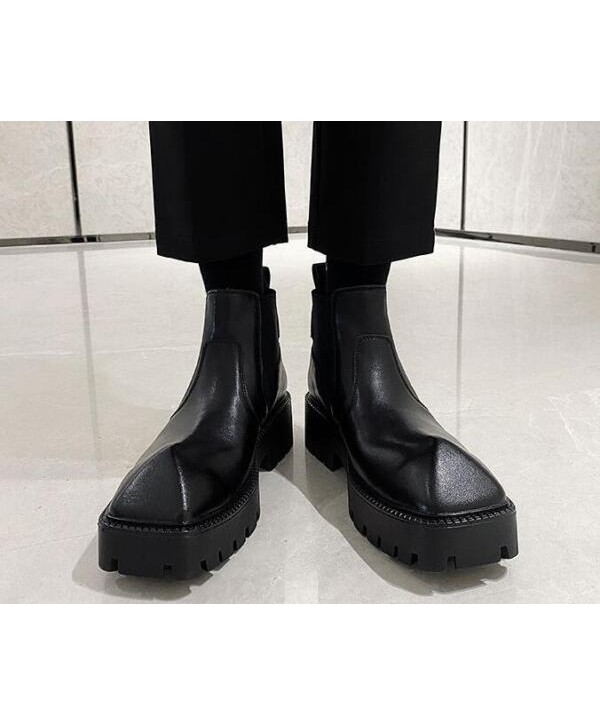 Mens Fashion British Square Toe Slip On Leather Shoes Youth Casual Chelsea boots