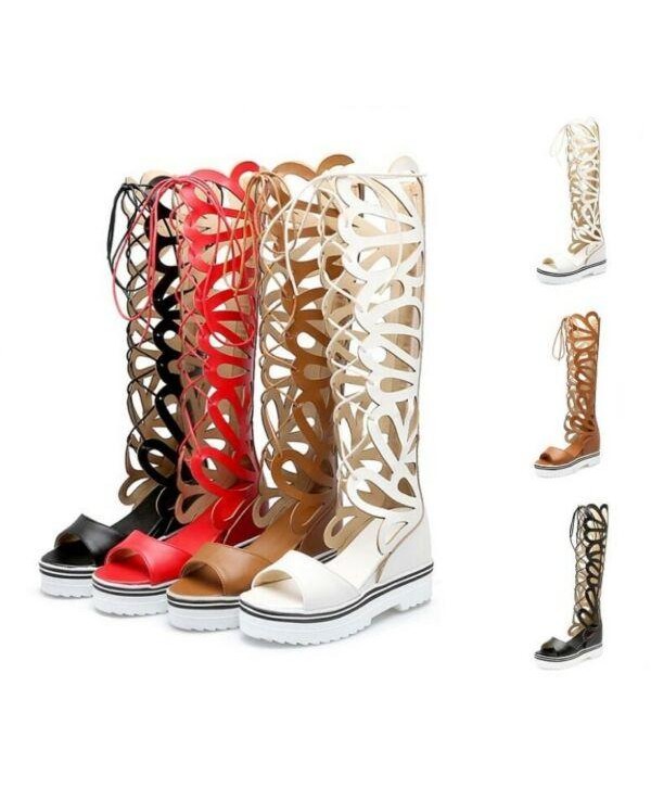 Gladiator Roman Women Knee High Boots Hidden Wedge Heels Strappy Sandal US4-10.5
