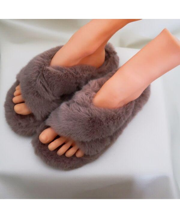 Khaki Rabbit Fur Cross Strap Outdoor Slides-US7.5