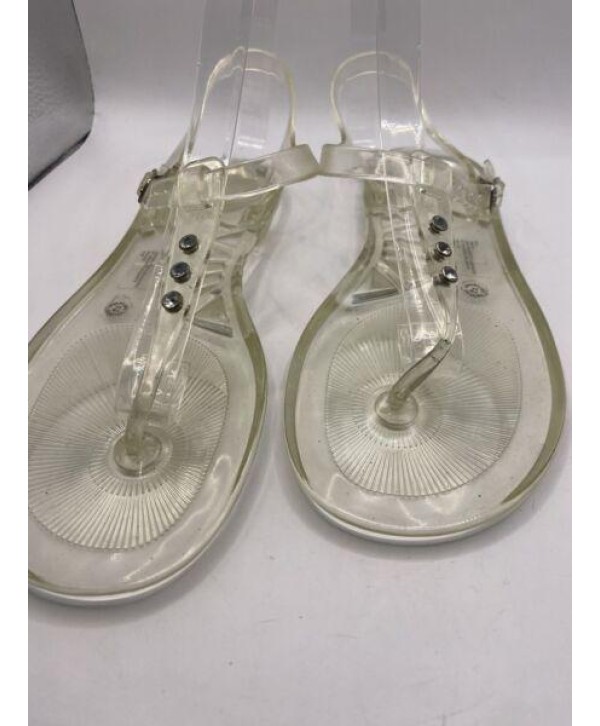 Clear Jelly Womans Size 10 T Strap Sandals Flats Rhinestones Ankle Wrap Buckle