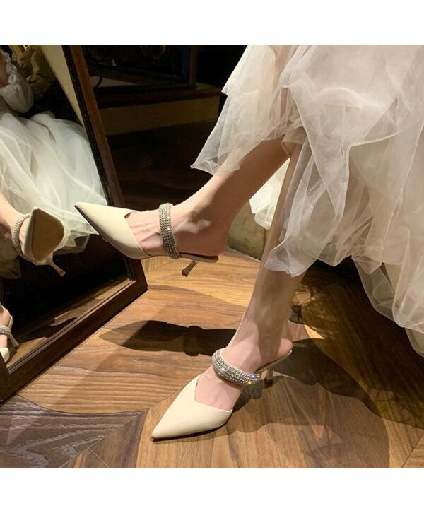 Women's Slippers Mules Rhinestones Pointed Toe Pumps Party Dresses