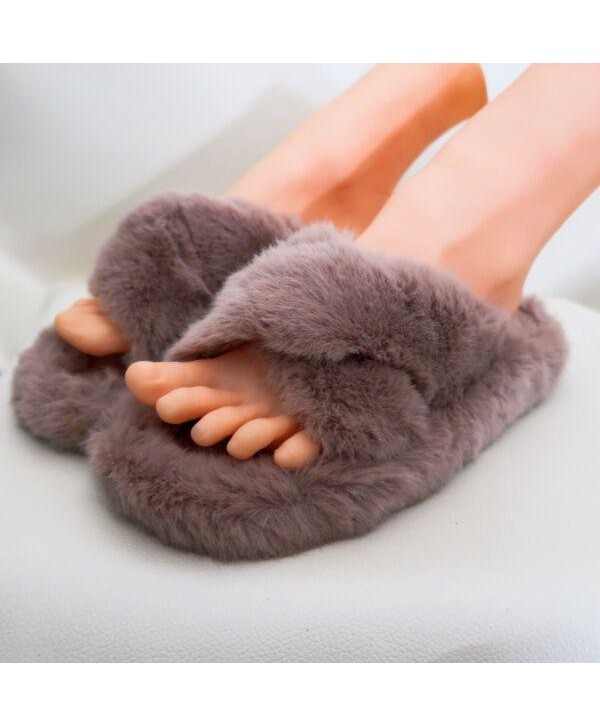 Khaki Rabbit Fur Cross Strap Outdoor Slides-US7.5