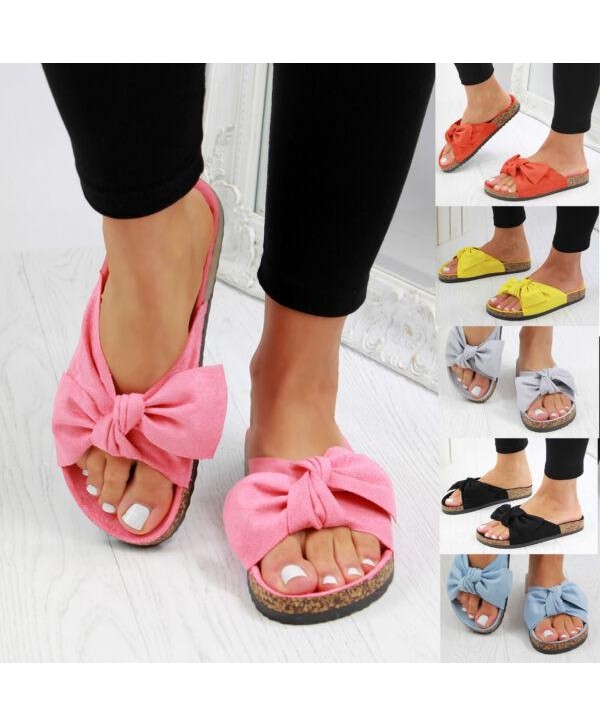 New Womans Slip On Sliders Bow Flatform Mule Summer Sandals Comfy Shoes Sizes 