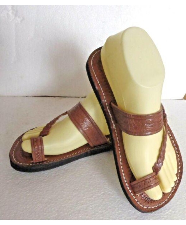 100% MOROCCAN LEATHER  TOE LOOP BEACH SANDALS * BROWN * 