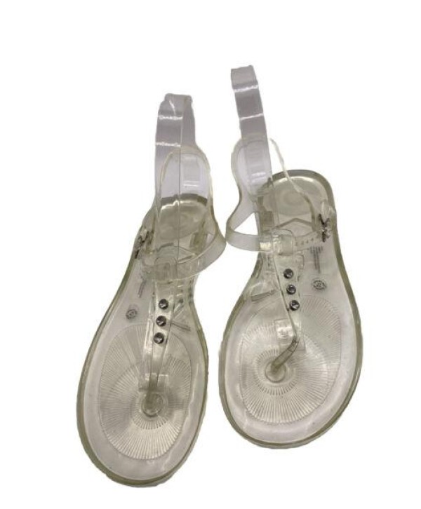 Clear Jelly Womans Size 10 T Strap Sandals Flats Rhinestones Ankle Wrap Buckle