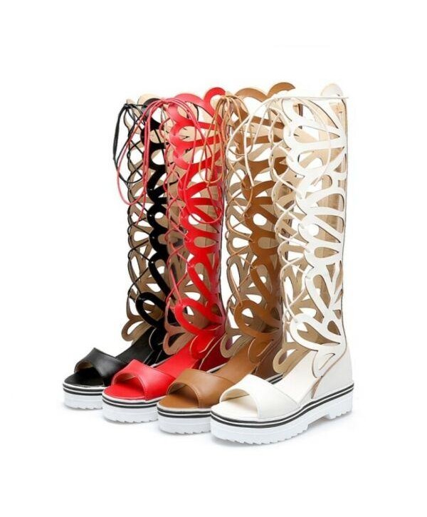 Gladiator Roman Women Knee High Boots Hidden Wedge Heels Strappy Sandal US4-10.5
