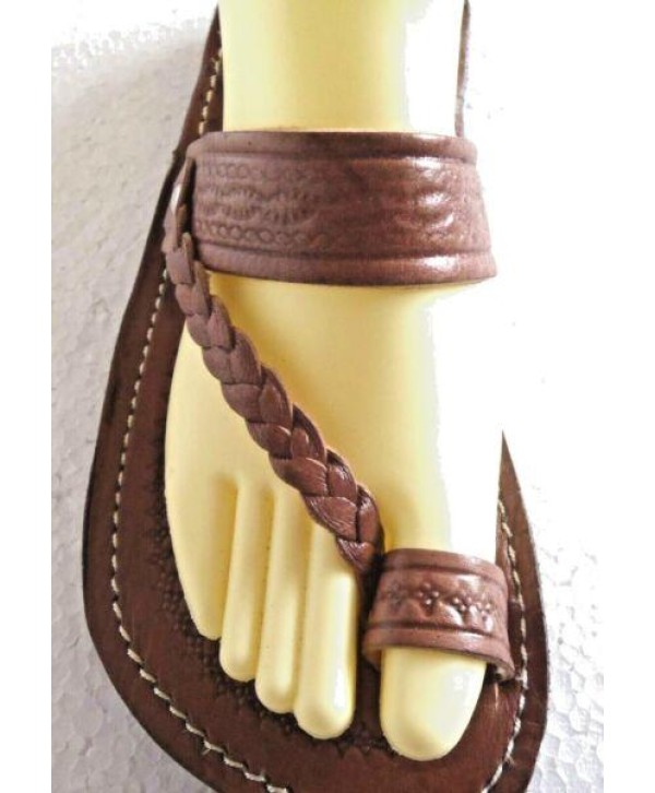 100% MOROCCAN LEATHER  TOE LOOP BEACH SANDALS * BROWN * 