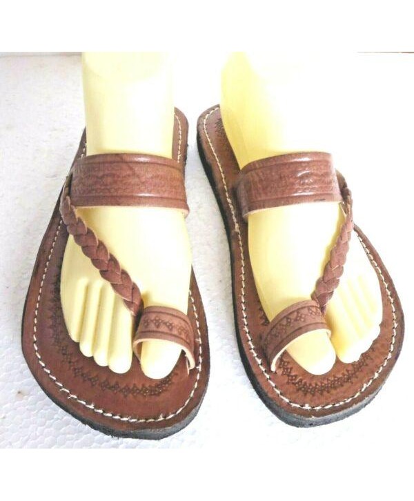 100% MOROCCAN LEATHER  TOE LOOP BEACH SANDALS * BROWN * 
